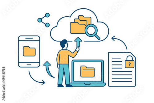 Vector illustration of file storage and data transfer between devices and cloud services demonstrating modern technology solutions