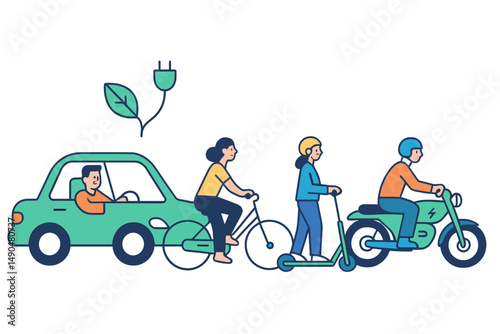 Vector illustration showcasing various eco-friendly transportation methods in a city setting with people commuting