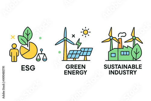 Vector illustration showcasing ESG concepts with renewable energy, green industry, and sustainability visually represented