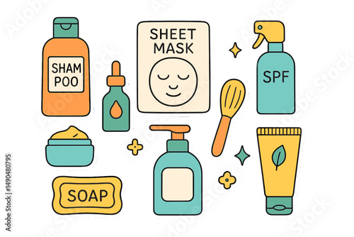 Colorful vector illustration of various skincare and beauty products arranged on a white background