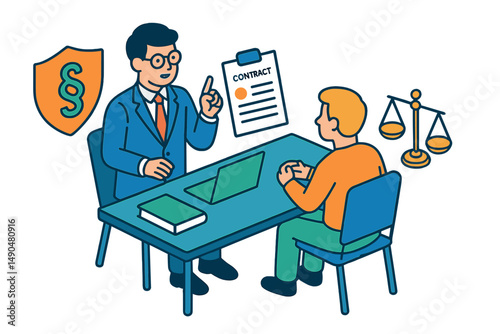 Professional lawyer consulting with a client about contract details in an office setting during daytime