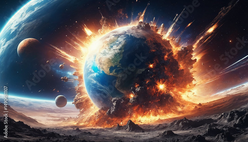 Image of Earth violently exploding in space, Sci fi background generative AI.