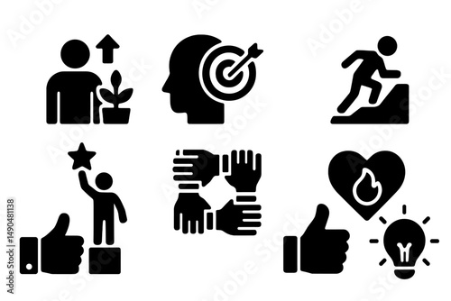 Vector illustration depicting growth, achievement, teamwork, and motivation in black silhouettes on a white background