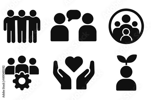 Vector illustration showcasing diverse group activities, conversation, community support, and personal growth concepts in a simplified style