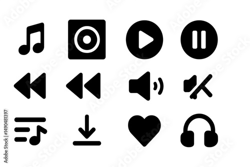 Simple black vector icons representing music playback controls, audio settings, and downloads for digital media applications