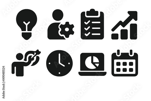 Creative illustration of business concepts featuring icons for innovation, planning, and productivity in a modern workspace environment