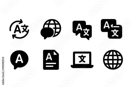 Vector illustration of language translation icons representing communication and global interaction through translation services