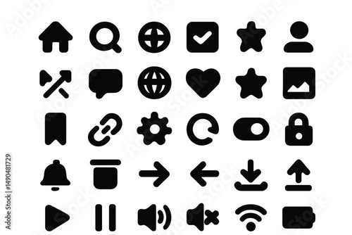 Minimalist vector illustration of various black icons representing common digital activities and concepts