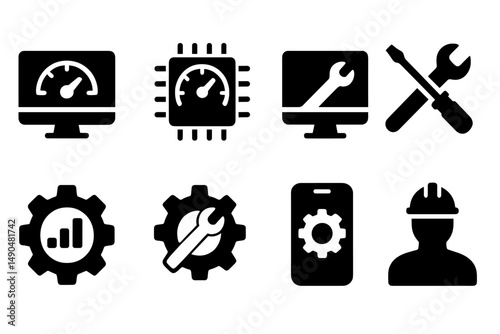 Tools and icons representing technology maintenance and monitoring for efficient systems management