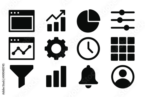 Vector illustration of business and analytics icons in black, showcasing graphs, charts, settings, and user interface elements