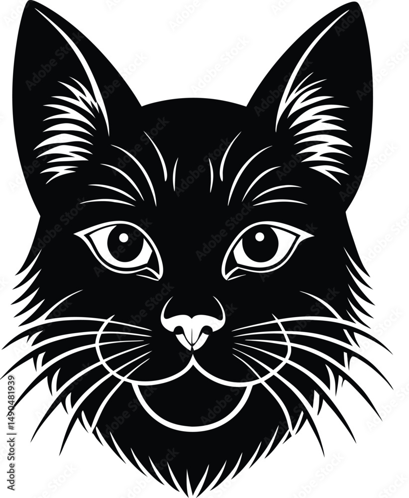 Fototapeta premium Elegant black cat face vector illustration with detailed whiskers and stylish outline