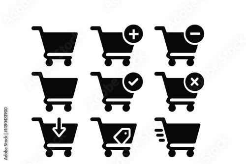 Vector illustration of shopping cart icons depicting various actions and statuses commonly seen in online shopping environments