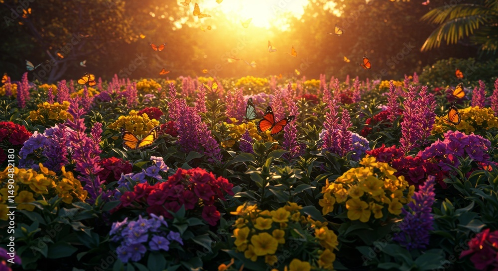 Obraz premium Vibrant Sunset Garden with Butterflies and Colorful Flowers