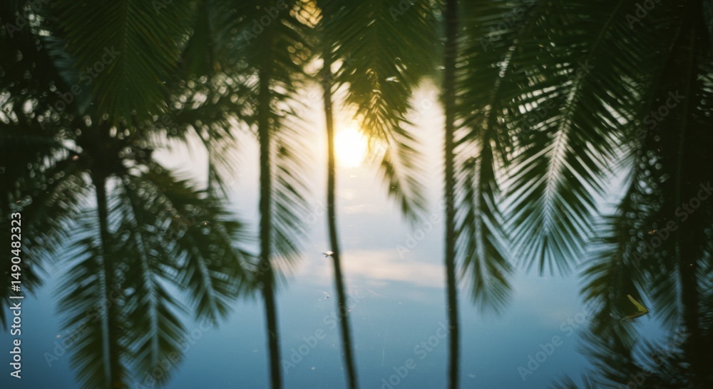 Obraz premium Reflective Sunset Over Tropical Palm Trees