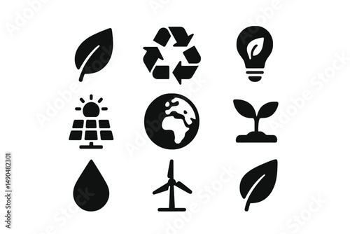 Vector illustration showcasing eco-friendly symbols including leaves, recycling, energy, and nature in a modern design