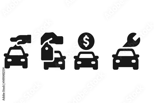 Process of buying, selling, and maintaining a vehicle represented in vector illustrations