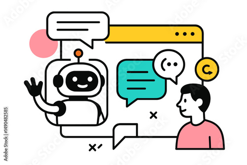 Vector illustration of a person interacting with a friendly chatbot in a digital conversation