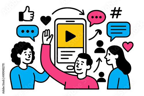 Engaging social media interaction illustrated with characters communicating through a smartphone and expressive icons