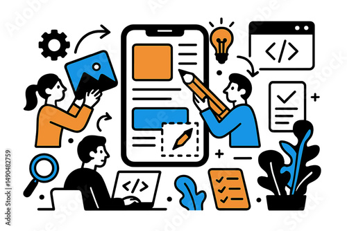 Digital illustration of a collaborative workspace featuring mobile app design and development activities