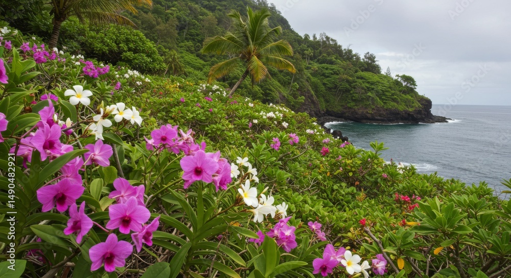 Obraz premium Vibrant Purple And White Orchids Blooming On Lush Tropical Coastline