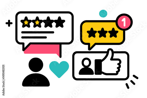 Vector illustration showcasing user engagement and feedback in a digital environment with ratings and reactions