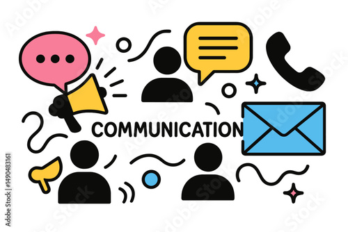 This vector illustration presents a dynamic representation of communication among people