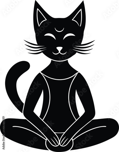 Meditating black cat with crescent moon symbol in lotus position isolated on white background