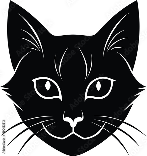 Minimalist black cat head vector illustration with outlined features perfect for various design projects