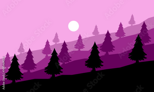 Natural Landscape Mountain View in the Morning with Tree Silhouette