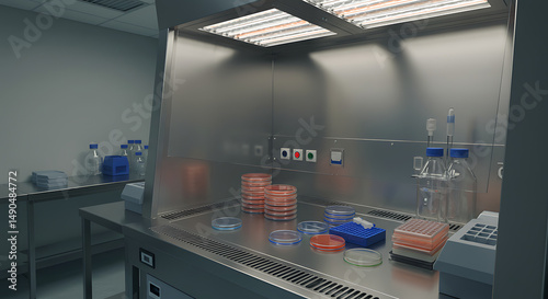 Sterile Laboratory with Empty Biosafety Cabinet and Sealed Petri Dishes