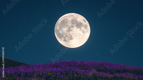 Serene Night Scene featuring a Full Moon over Purple Flowers Field