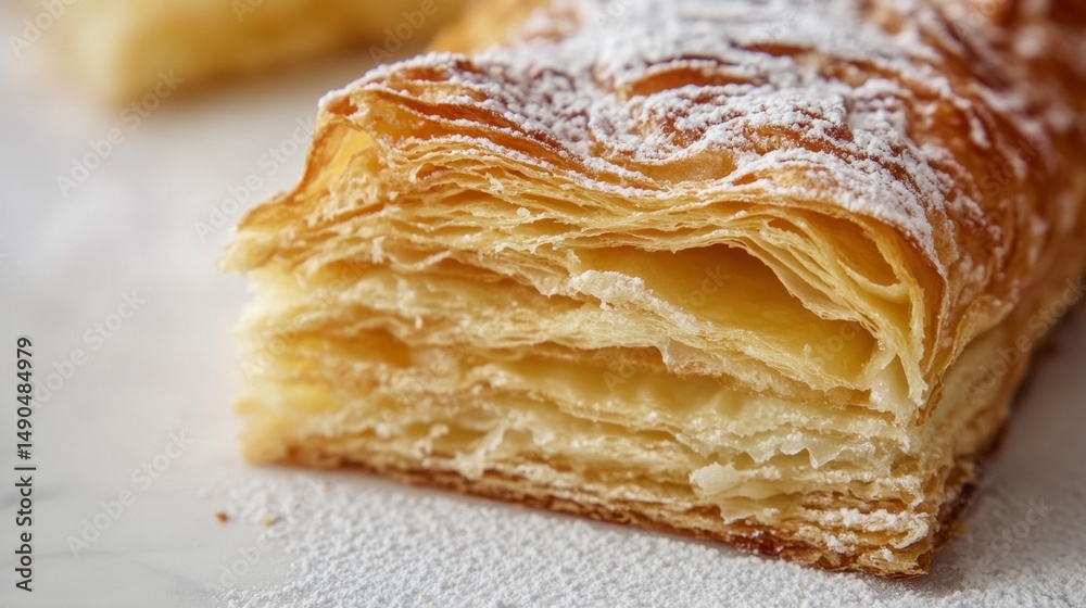 Close-Up of Half Cut Sfogliatella Pastry with Flaky Layers Close-Up of Half Cut Sfogliatella Pastry with Flaky Layers