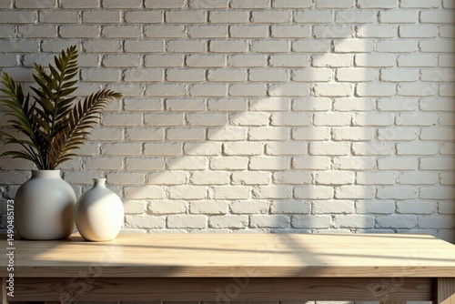 Wallpaper Mural Sunlit Wooden Tabletop with White Vases and Greenery Against a Brick Wall Torontodigital.ca