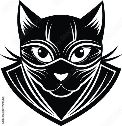 Striking black and white vector illustration of a cat masked with a creative face design
