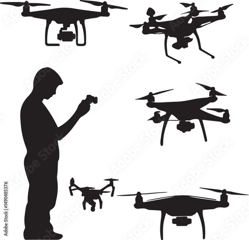Silhouette of a Person Operating Drones: Quadcopter Flying, Remote Control, Technology, Hobby, Aerial Photography, Vector Illustration