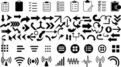 Interface icon set featuring arrow, clipboard, checklist, signal, WiFi, and communication symbols. symbolic vector elements for UI UX design, apps, infographics, and web development