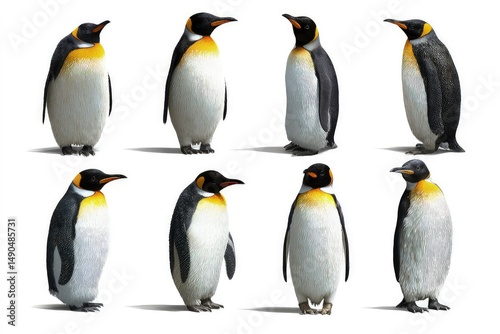 Standing penguins in two rows showcasing unique colors and patterns high-resolution wildlife portrait of black and white birds with orange markings isolated on white background