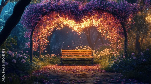 Enchanted Garden Bench: Magical Night Scene with Blossom Arch and Warm Lights