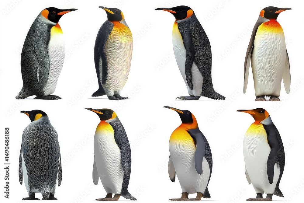 Fototapeta premium Standing penguins in two rows showcasing unique colors and patterns high-resolution wildlife portrait of black and white birds with orange markings isolated on white background