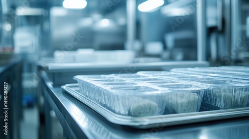 Food Service Plastic Containers on Stainless Steel Tray in Commercial Kitchen