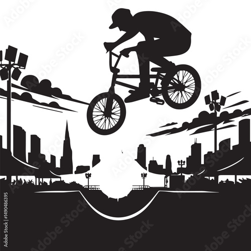 silhouette of a person playing bmx, editable vector image