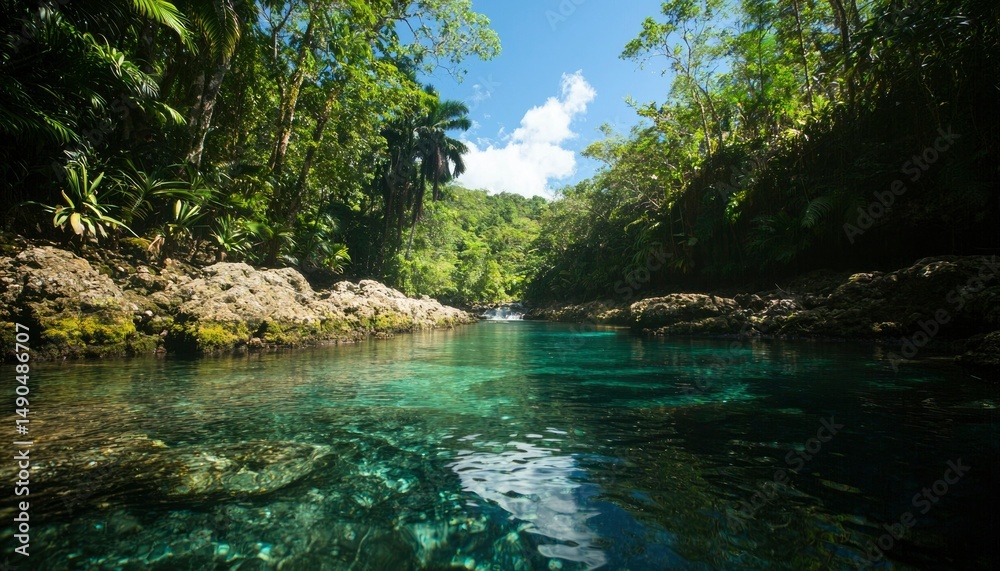 Naklejka premium Crystal-clear river flowing through lush jungle
