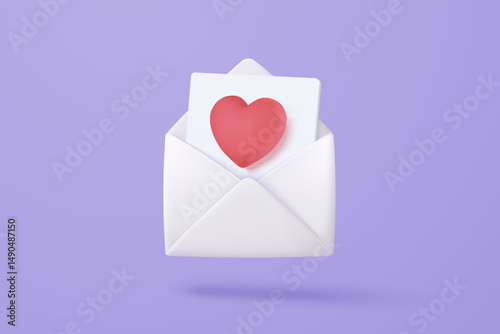 3d mail envelope icon with red heart notification new message. Minimal email letter with pop up speech icon. Happy valentine day message in love concept. 3d envelope vector icon render illustration