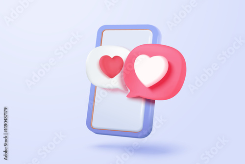3D social media online platform concept, online social communication, Mobile phone with heart and love emoji icon, like and play in red bubble. 3d valentine lover icon vector render illustration