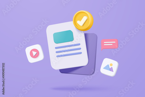 3D media data with video and photo gallery library. Searching image and video files in database. Document management soft, document form, compound docs concept. 3d file icon vector render illustration