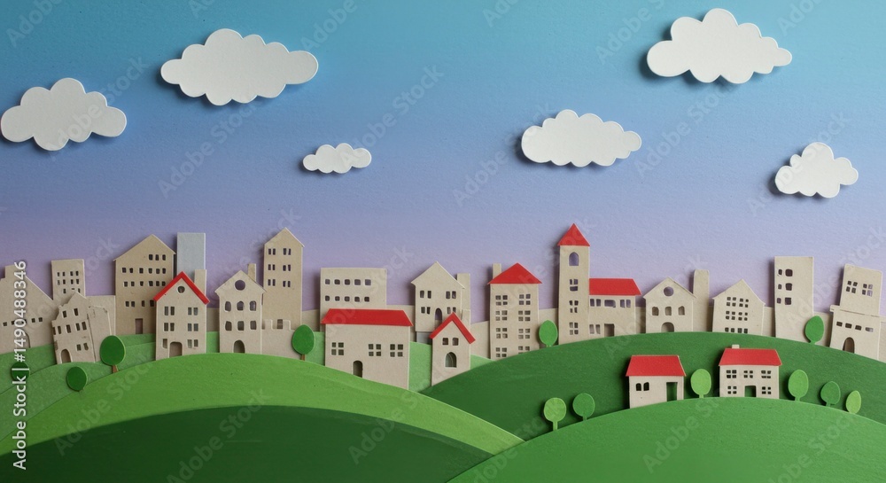 Naklejka premium Paper-cut cityscape with hills and clouds