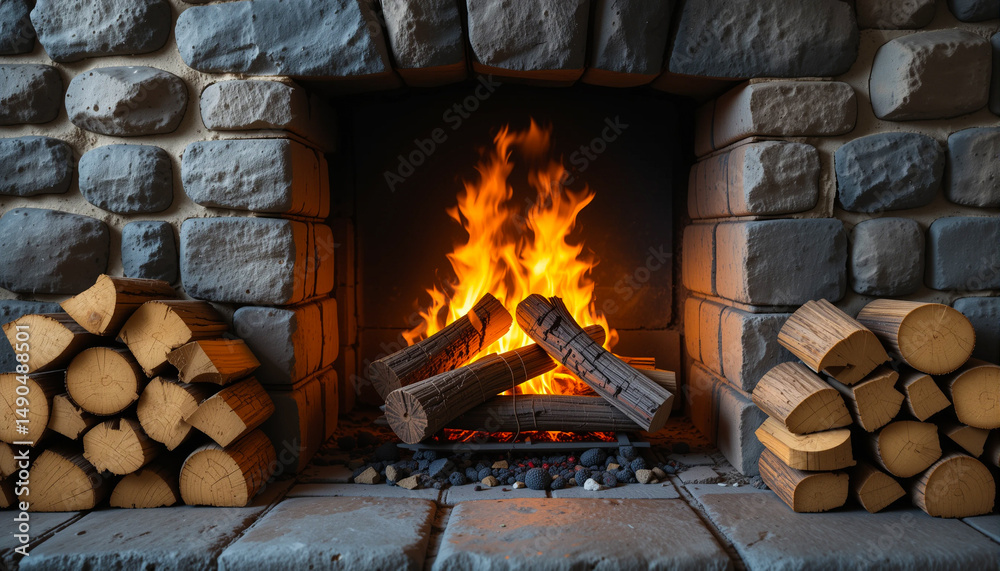 Obraz premium Traditional dark gray brick fireplace with roaring flames and rustic firewood setup