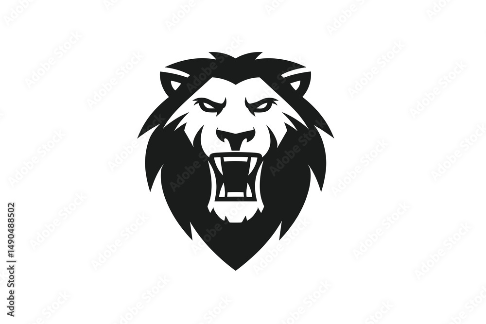 Obraz premium Stylized Lion Head Silhouette with Fierce Expression in Black and White Design