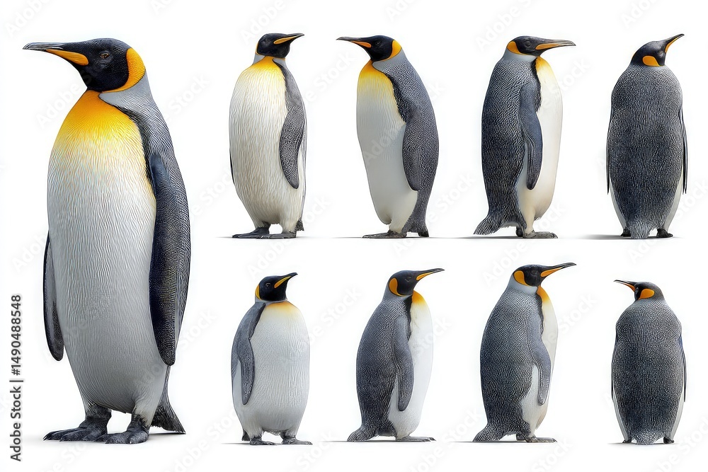 Fototapeta premium Standing penguins in two rows showcasing unique colors and patterns high-resolution wildlife portrait of black and white birds with orange markings isolated on white background