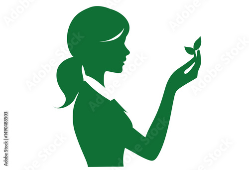 Silhouette of Woman Holding a Small Green Leaf in a Symbolic Gesture of Nature and Sustainability